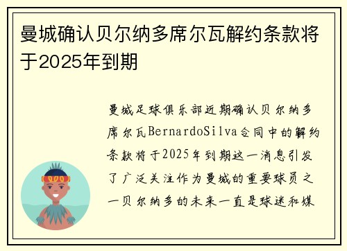 曼城确认贝尔纳多席尔瓦解约条款将于2025年到期 曼城确认贝尔纳多席尔瓦解约条款将于2025年到期